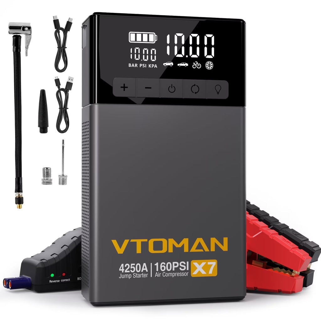 VTOMAN X7 Jump Starter with Air Compressor 4250A Portable Car Starter with 160PSI Digital Tire Inflator,12V Lithium Battery Charger Booster Box with Type-C Quick Charge (Up 10L Gas/10L Diesel Engine)