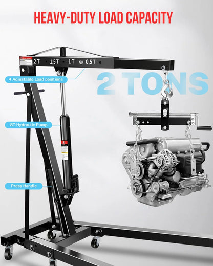 Garvee 2-Ton Shop Crane with Lever, Hydraulic Folding Engine Hoist w/6 Steel Casters - Lift Car Transmissions, Boat Motors, Farm Equipment