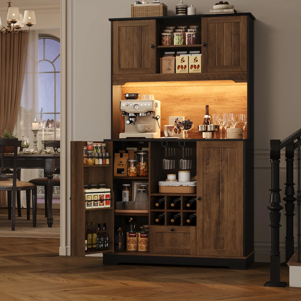 Homfa 71.3'' Kitchen Pantry Storage Cabinet with Charging Station, LED Light Kitchen Hutch Cabinet with Doors and Shelves and Wine Holder, White
