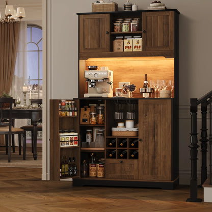 Homfa 71.3'' Kitchen Pantry Storage Cabinet with Charging Station, LED Light Kitchen Hutch Cabinet with Doors and Shelves and Wine Holder, White