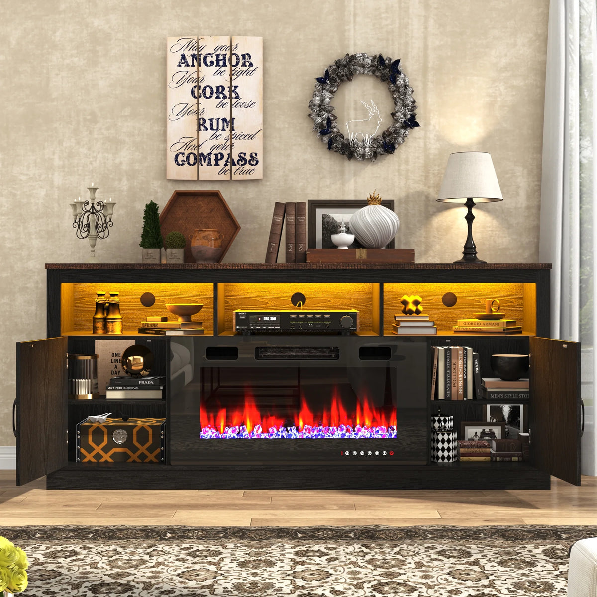 ChVans 70" Fireplace TV Stand for TVs up to 80" with 36" Electric Fireplace, Farmhouse Entertainment Center with LED, Wooden Media Console for Living Room, Bedroom