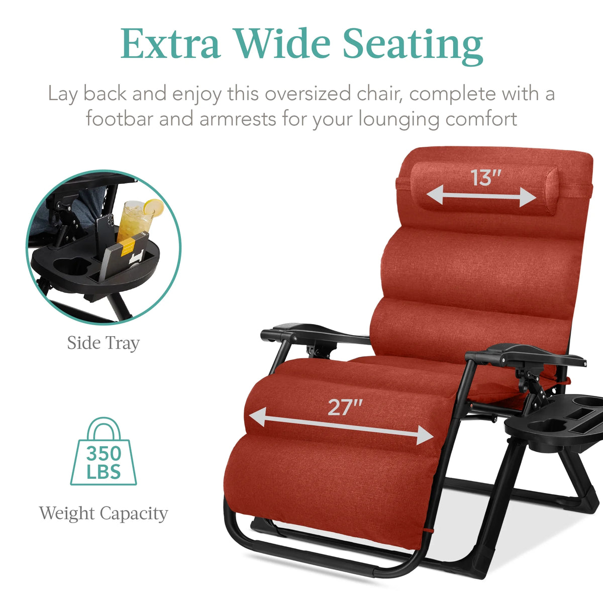 Best Choice Products Oversized Zero Gravity Chair, Folding Recliner w/ Removable Cushion, Side Tray - Fossil Gray