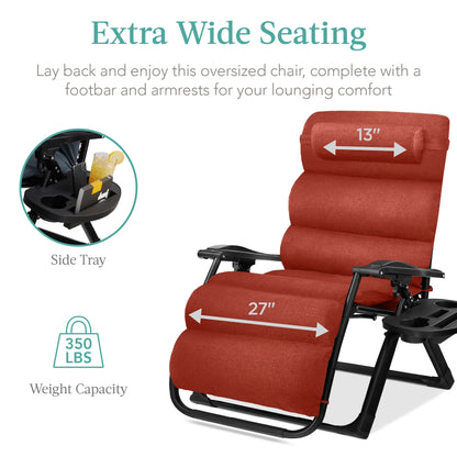 Best Choice Products Oversized Zero Gravity Chair, Folding Recliner w/ Removable Cushion, Side Tray - Fossil Gray