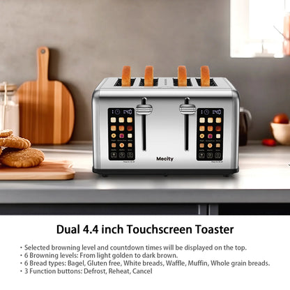 Mecity 4-Slice Touchscreen Toaster, Stainless Steel, 6 Browning Settings, Reheat, Cancel, Defrost, Removable Tray