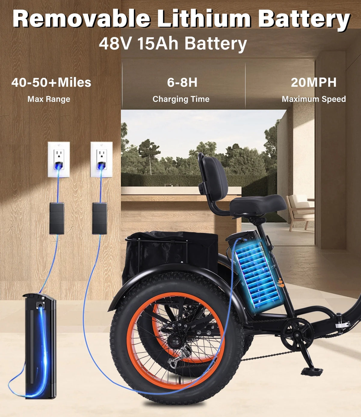 YEBEI Electric Tricycle for Adults Folding E-Trike Motorized Tricycle Electric 3 Wheels Trike Powerful 500W Motor Electric Tricycle 48V15AH Lithium Battery Max 20MPH 20*4.0” Fat Tire Orange