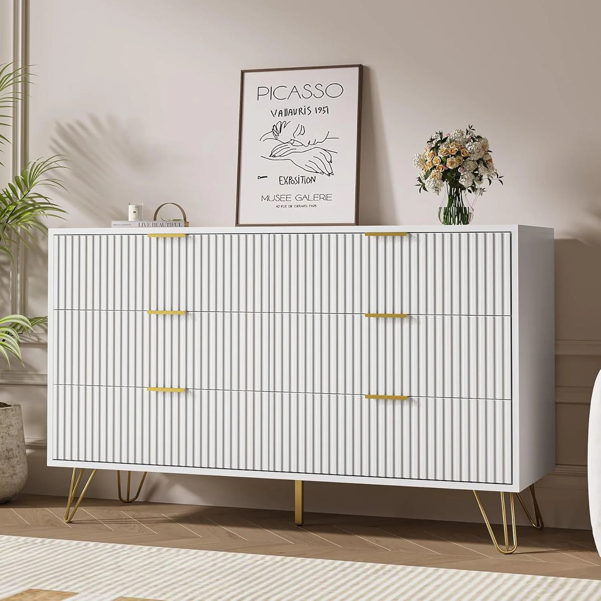 FURNIWAY White 6 Drawer Dresser for Bedroom, Modern Dresser with Gold Metal Handles,Fluted Wood TV Stand for Living Room, Hallway