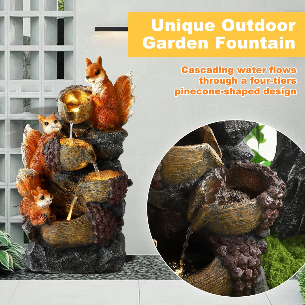 Magic Union Outdoor Water Fountain, Waterfall Indoor Outside Cascading Rock Fountain Garden Decor with Squirrels Decorations, 3 Pinecone-Shaped Rocks Patio Resin Fountains for Yard, Porch and Home