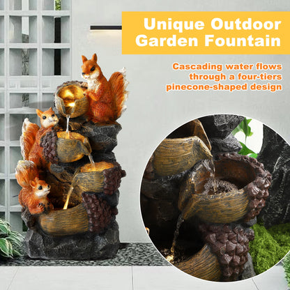 Magic Union Outdoor Water Fountain, Waterfall Indoor Outside Cascading Rock Fountain Garden Decor with Squirrels Decorations, 3 Pinecone-Shaped Rocks Patio Resin Fountains for Yard, Porch and Home