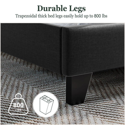 Amolife Queen Size Platform Bed with Wingback Headboard, Square Stitched Style, Dark Grey
