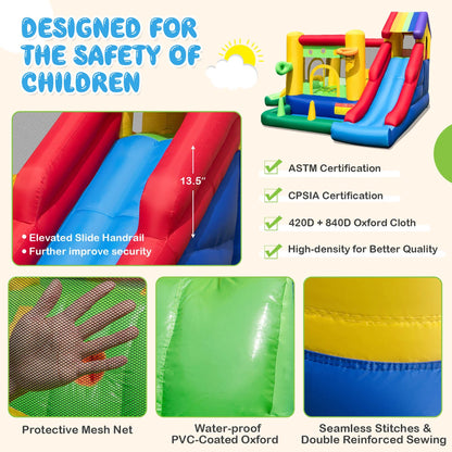 Costway Colorful Rainbow Kids Inflatable Bounce Castle with 50 Ocean Balls & 735W Blower
