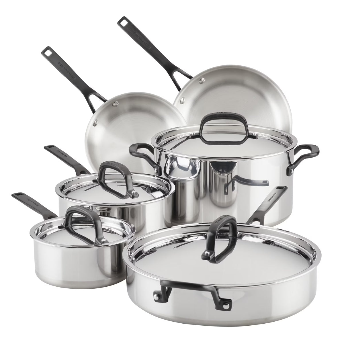 KitchenAid 5-Ply Clad 10 Pcs Stainless Steel Cookware Induction Pots and Pans Set, Dishwasher Safe, Metal Utensil, Broiler and Oven Safe to 500��F, Polished Stainless Steel
