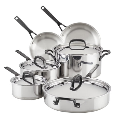 KitchenAid 5-Ply Clad 10 Pcs Stainless Steel Cookware Induction Pots and Pans Set, Dishwasher Safe, Metal Utensil, Broiler and Oven Safe to 500��F, Polished Stainless Steel