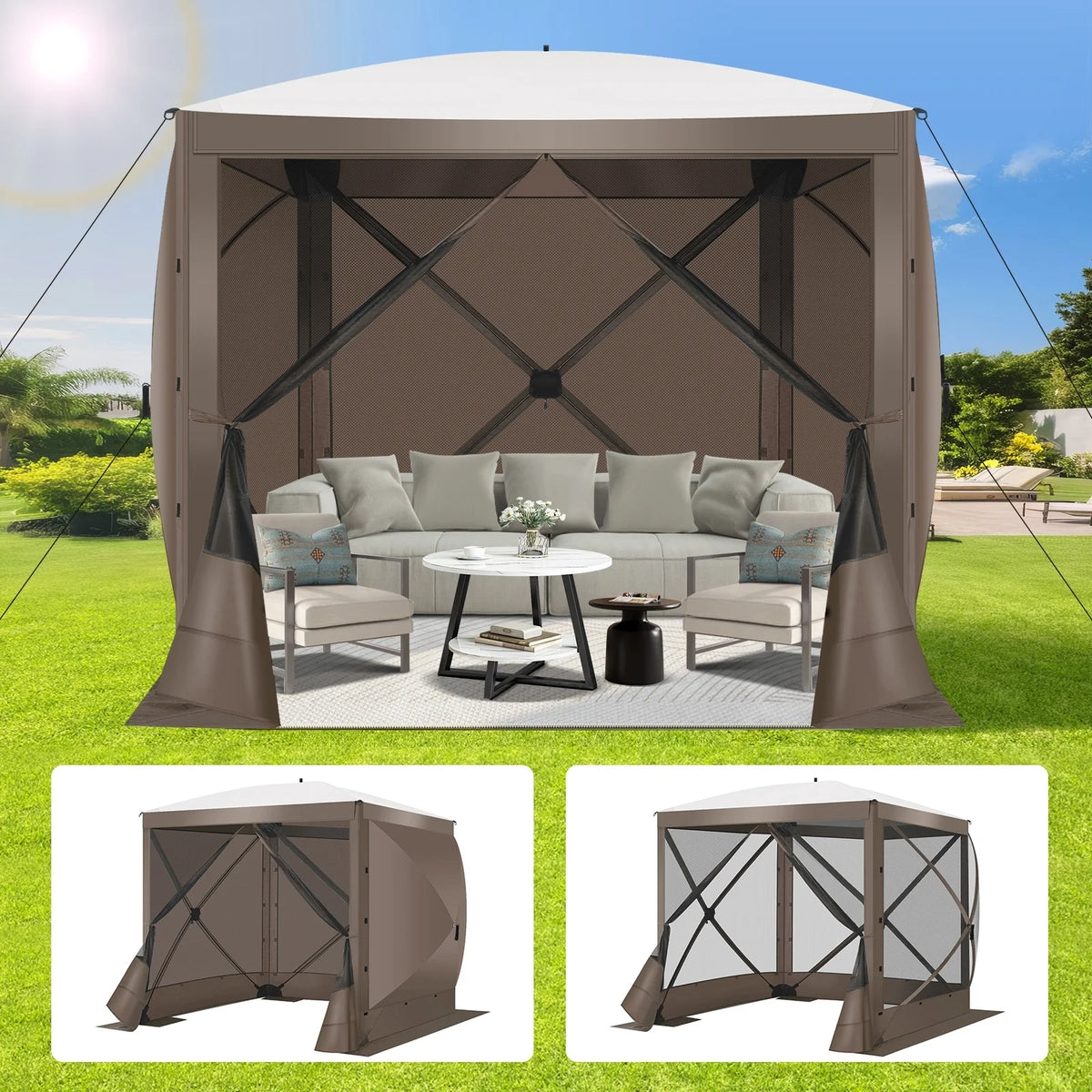 Hoteel 6x6ft Outdoor Pop Up Gazebo for Camping, Screen House with 4 Sidewalls and Mosquito Netting, Waterproof, UV Resistant,Portable Carry Bag, for Outdoor Camping, Lawn and Backyard, Brown