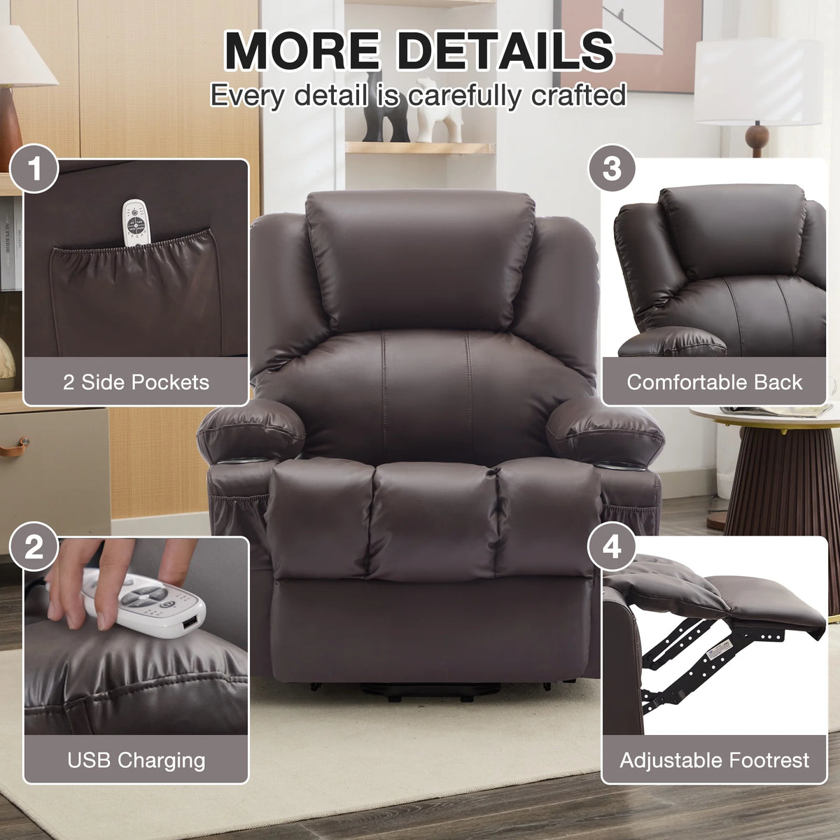 JONPONY Power Lift Recliner Chair Recliners for Elderly with Heat and Massage Recliner Chair for Living Room with Infinite Position and Side Pocket,USB Charge Port,Black
