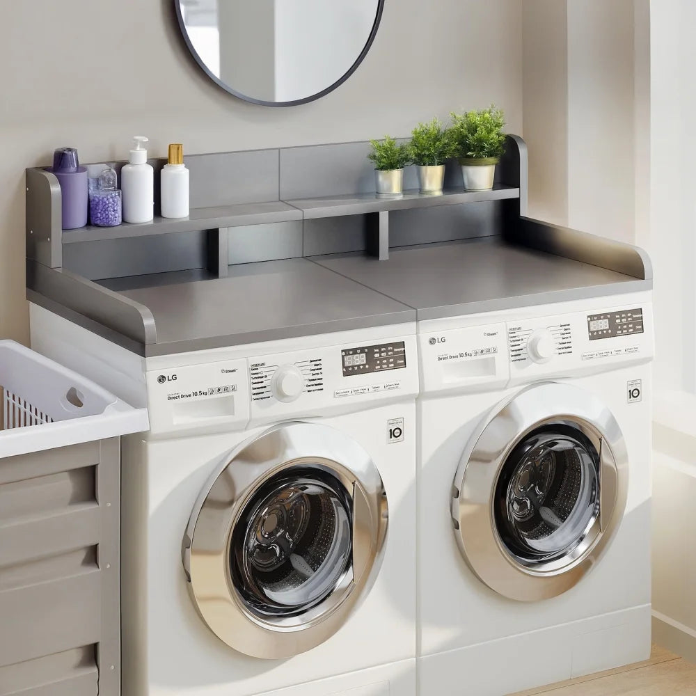 Wood 2-Tier Washer Dryer Countertop with Edge Rails, 54" W x 27.5" D Washer and Dryer Topper for Laundry Room Organization and Storage, Walnut