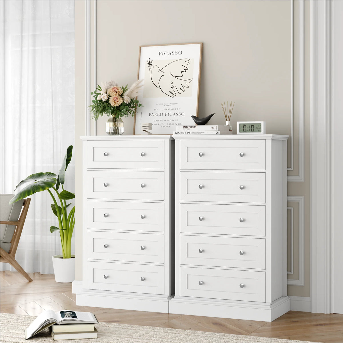 Homfa 5 Drawer Bedroom Dresser, Tall Wood Nightstand Storage Cabinet for Office Living Room,Gray