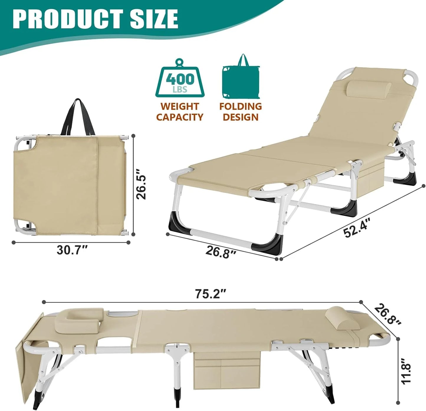 Slsy Folding Lounge Chair, 5-Position Adjustable Outdoor Reclining Chair, Folding Sleeping Bed Cot, Folding Chaise Lounge Chair for Pool Beach Patio Sunbathing