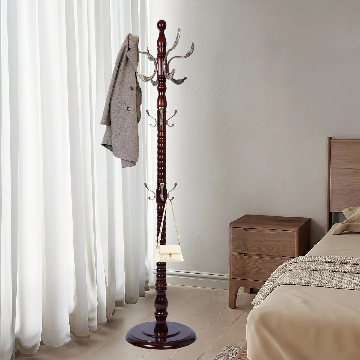 Coat Rack Freestanding, Hall Tree with 11 Hooks, Heavy Duty Wooden Coat Tree Stand, Adjustable Height, Sturdy Base for Bedroom Hallway Office - Load 270lbs