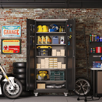 SUPEER Metal Rolling Storage Cabinets with Locking Doors and 5 Adjustable Shelves, Steel Garage Storage Cabinet for Garage, Office, Classroom, Assemble Required(Black)