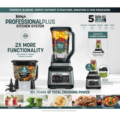 Ninja Professional Plus Kitchen System, 1400 Watts, 5 Presets for Smoothies, Chopping, Dough with Auto IQ, 72-oz.* Blender Pitcher, 64-oz. Processor Bowl, 24-oz. To-Go Cups, Black, BN800