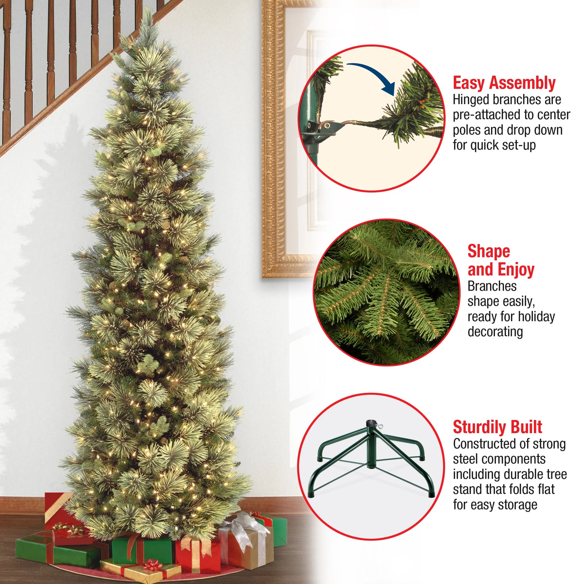 9 ft Pre-Lit Carolina Pine Slim Artificial Christmas Tree with 800 Clear Lights, Slim Profile
