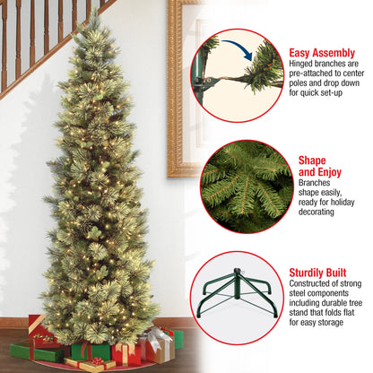 9 ft Pre-Lit Carolina Pine Slim Artificial Christmas Tree with 800 Clear Lights, Slim Profile