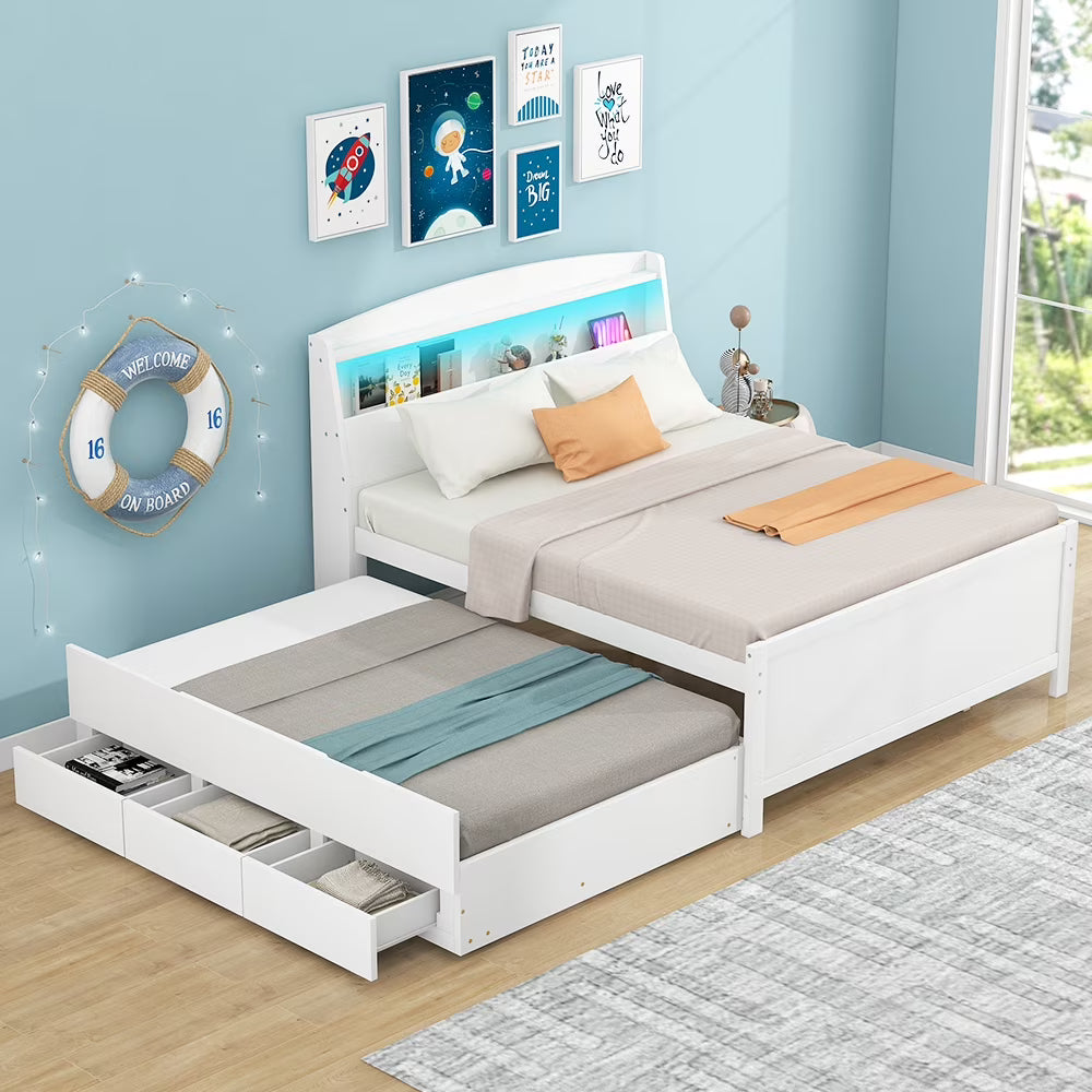 Euroco Wood Twin Size Platform Bed with Storage Headboard, Drawers Trundle and LED Light, White