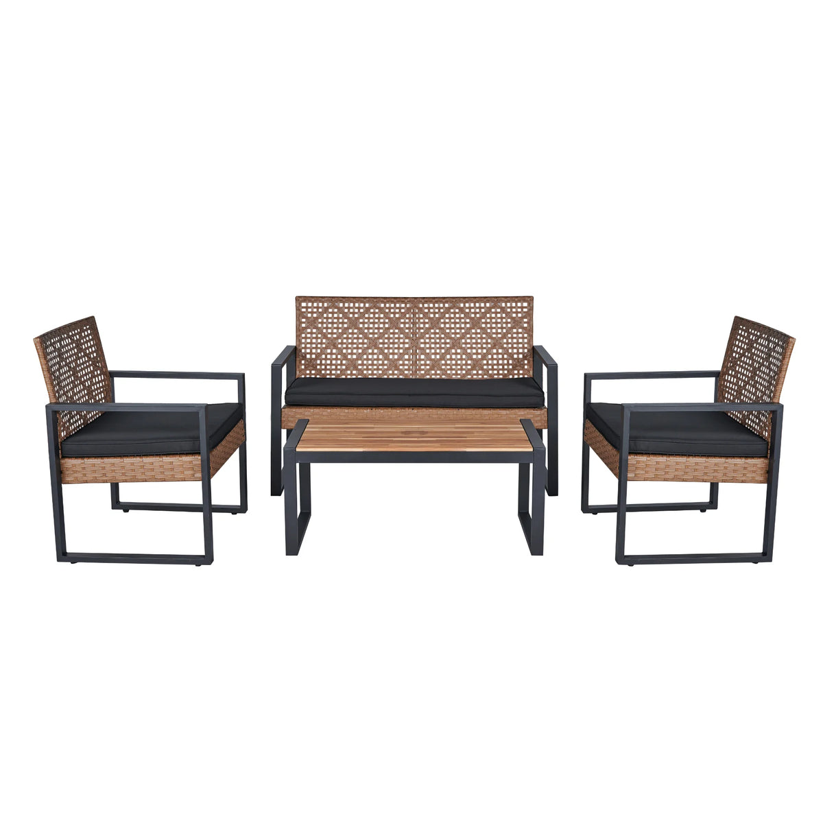 Heavy-duty Patio Furniture Set, 4 Piece Outdoor Sectional Conversation Sets, BrownPE Rattan Patio Sofa Set with Blue Cushions