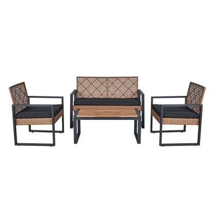 Heavy-duty Patio Furniture Set, 4 Piece Outdoor Sectional Conversation Sets, BrownPE Rattan Patio Sofa Set with Blue Cushions