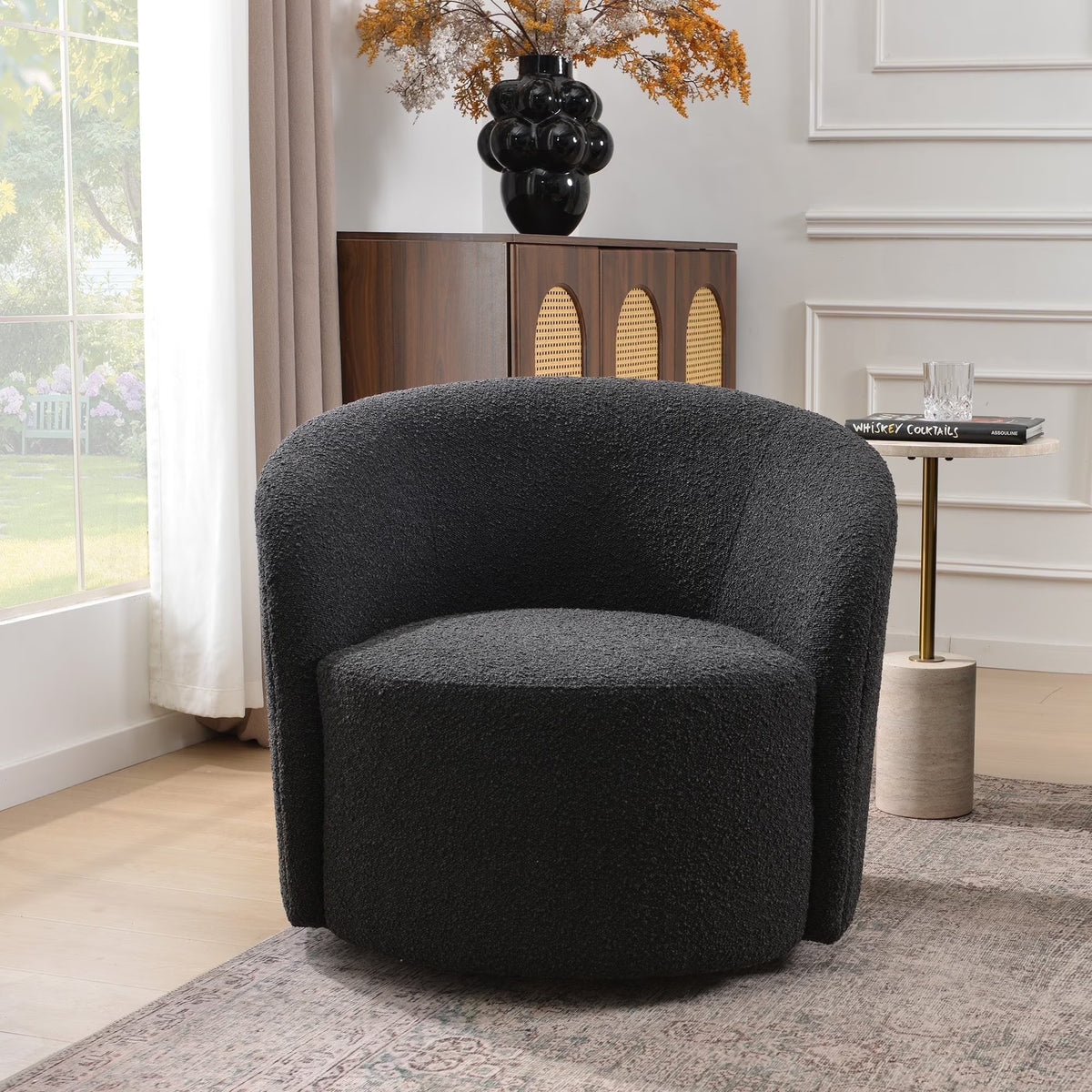 34" W Mid Century Modern Swivel Barrel Chair, Round Upholstered Boucle Swivel Accent Chairs, No Assembly Sofa Chair for Living Room Bedroom Reading Apartment Lounge Nursery(Cream)