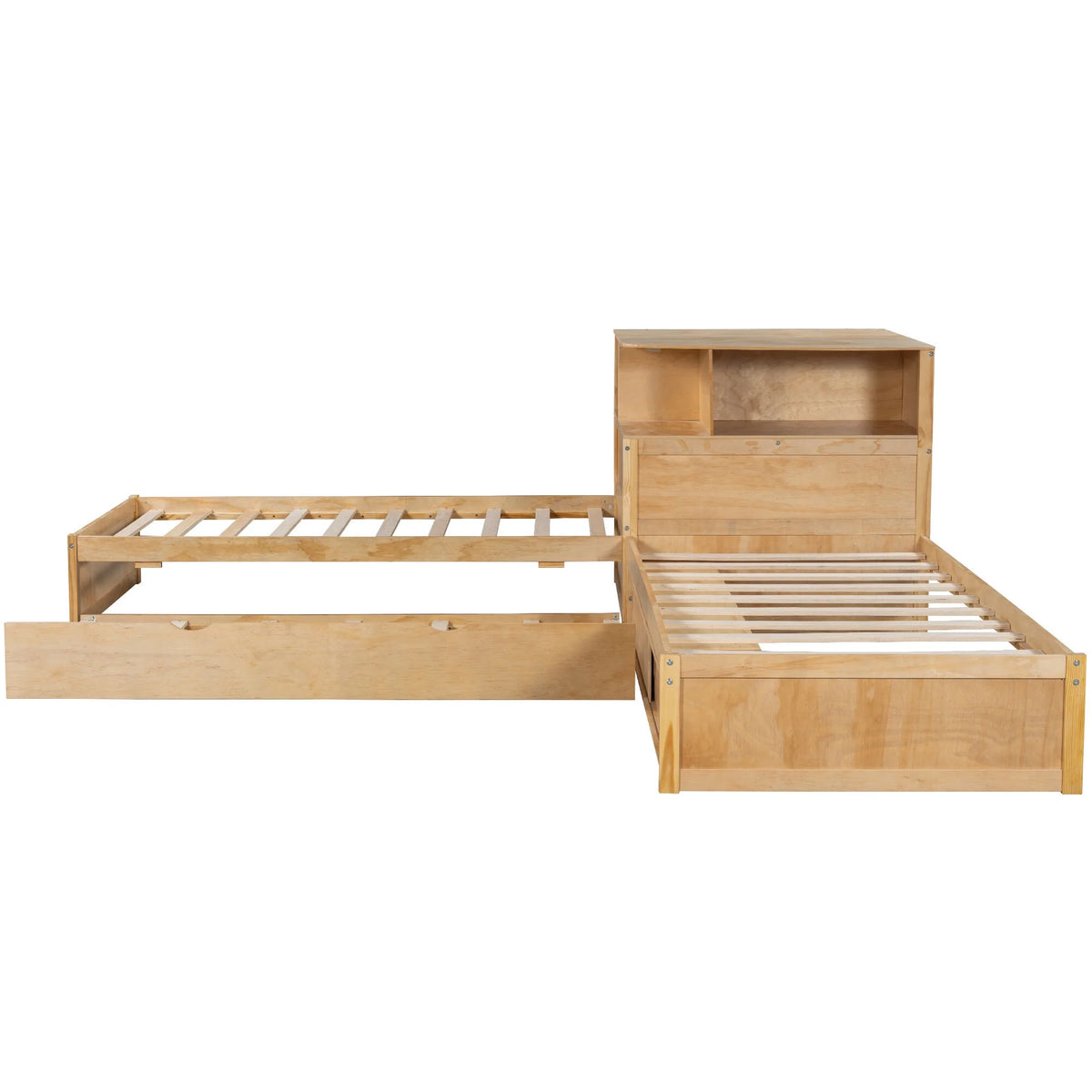 Euroco Pine Wood L-Shaped Twin Platform Bed with Storage Desk, Cabinets, Trundle and LED Light for Kids Teens, Gray