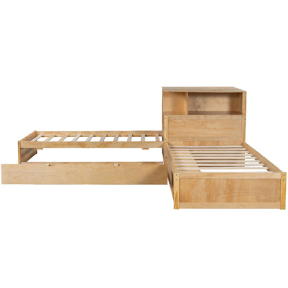 Euroco Pine Wood L-Shaped Twin Platform Bed with Storage Desk, Cabinets, Trundle and LED Light for Kids Teens, Gray