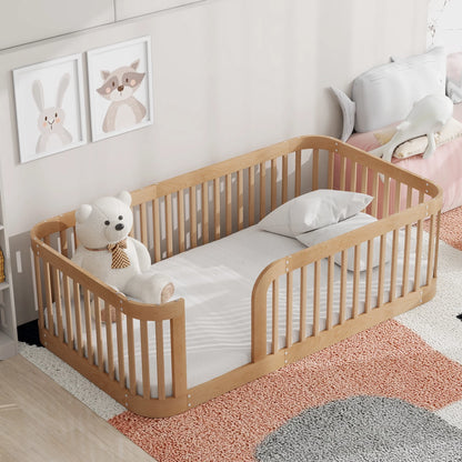 Euroco Twin Size Floor Bed with Fence for Kids Teens and Toddlers, White