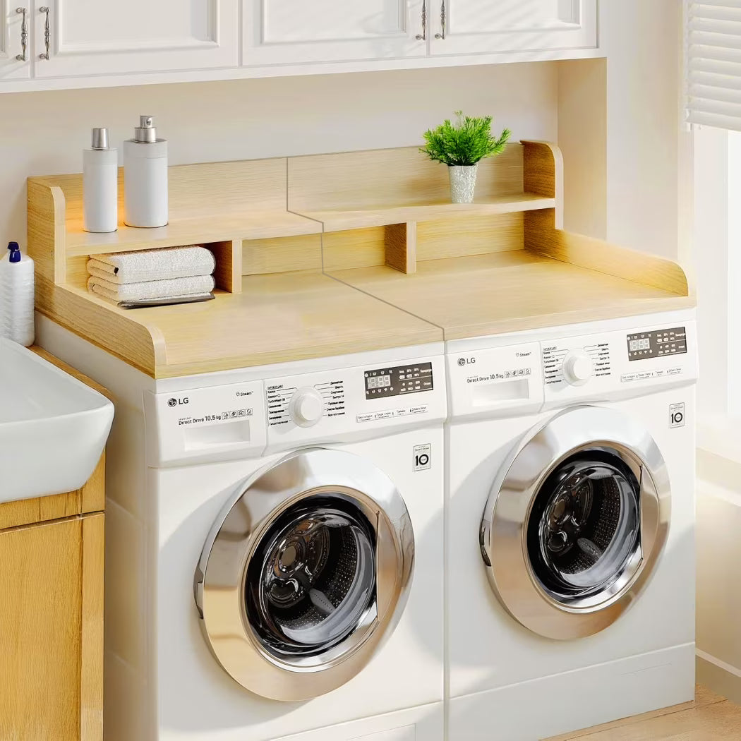 Wood 2-Tier Washer Dryer Countertop with Edge Rails, 54" W x 27.5" D Washer and Dryer Topper for Laundry Room Organization and Storage, Walnut