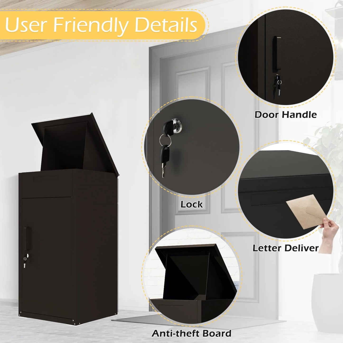 AECOJOY Package Delivery Boxes for Outside Parcel Drop Box Outdoor Storage Box Wall Mounted Express Mail Package Delivery Box 17" x 16" x 38.3" Black