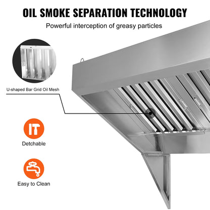 KFFKFF 9FT Stainless Steel Exhaust Hood for Commercial Use, Suitable for Food Trucks and Concession Trailers, Includes 4 Removable U-shaped Grease Filtration Meshes, Durable and Resists Corrosion