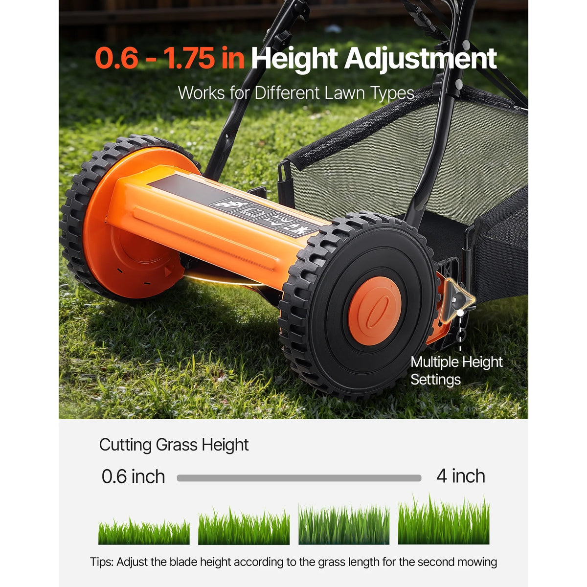 KFFKFF 16-Inch Manual Push Reel Lawn Mower, 5-Blade Design, Adjustable Cutting Height from 0.6 to 1.75 Inches, Walk-Behind Mower with Grass Collection Bag for Lawns, Driveways, and Courtyards