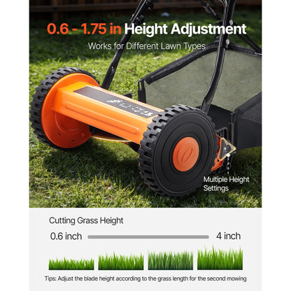 KFFKFF 16-Inch Manual Push Reel Lawn Mower, 5-Blade Design, Adjustable Cutting Height from 0.6 to 1.75 Inches, Walk-Behind Mower with Grass Collection Bag for Lawns, Driveways, and Courtyards