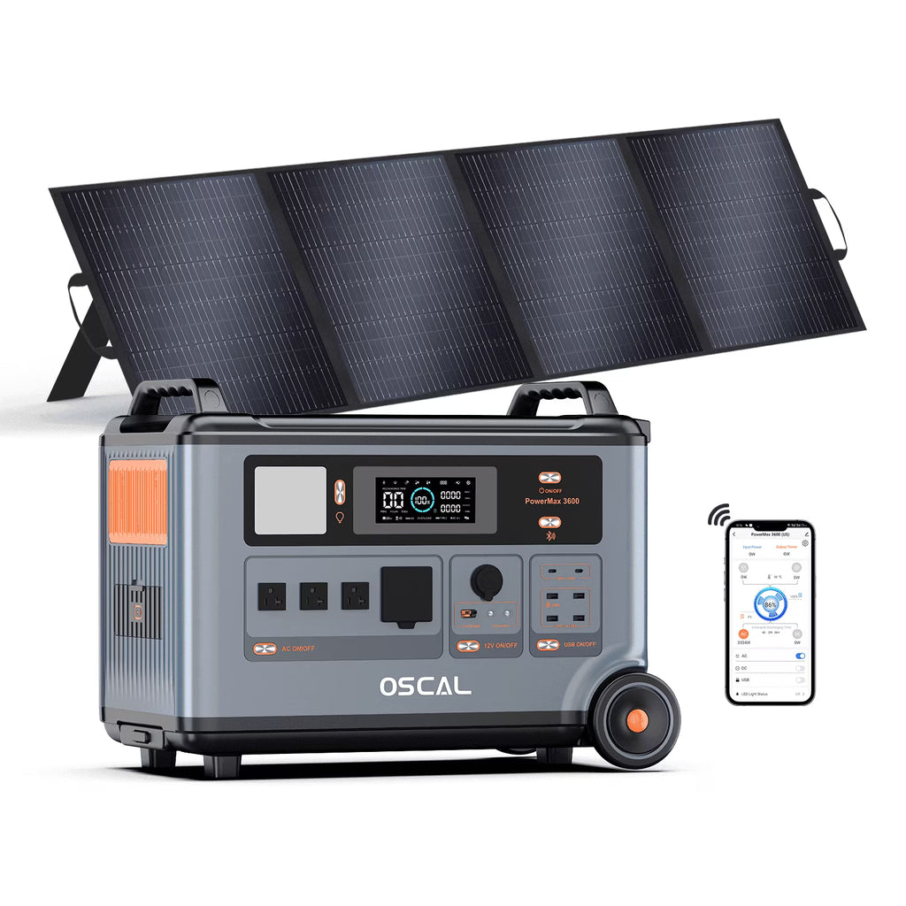 OSCAL PowerMax 6000 Portable Power Station, 3600Wh LiFePO4 Battery with 6000W Output, BP3600 Expansion Battery & 200W Solar Panels, Solar Generator for Camping, Home, Outdoor, Emergency Use