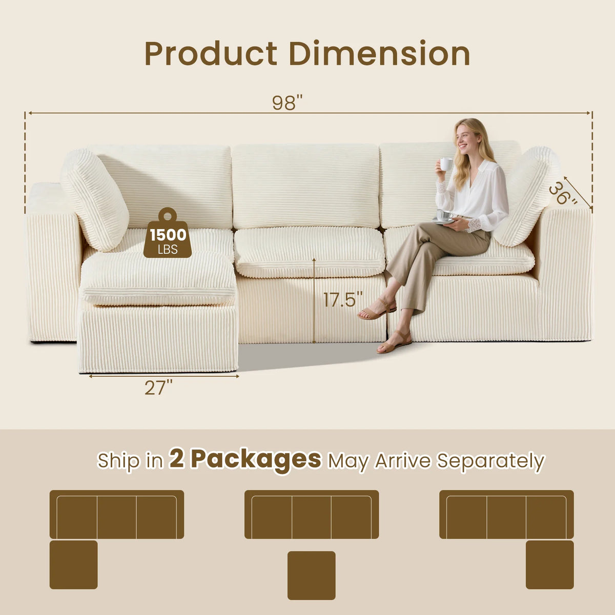 Cloud Sectional Couches for Living Room, Modular L-Shaped Sofa with Ottoman, Corduroy Sleeper Sofa Bed, No Assembly Compression Memory Foam Couch,White