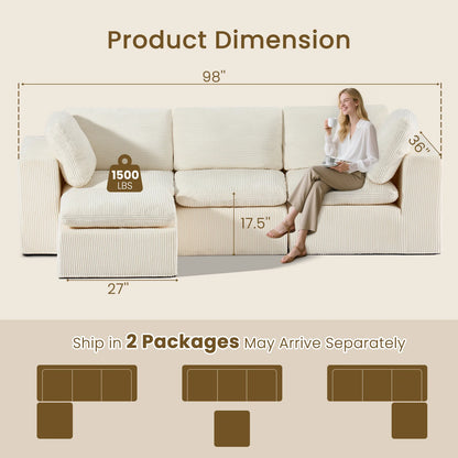 Cloud Sectional Couches for Living Room, Modular L-Shaped Sofa with Ottoman, Corduroy Sleeper Sofa Bed, No Assembly Compression Memory Foam Couch,White