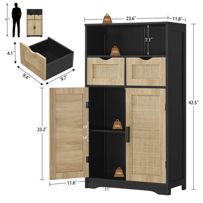 FANGSUM Rattan Storage Cabinet with 2 Drawers & 2 Shelves, Floor Cabinet for Living Room