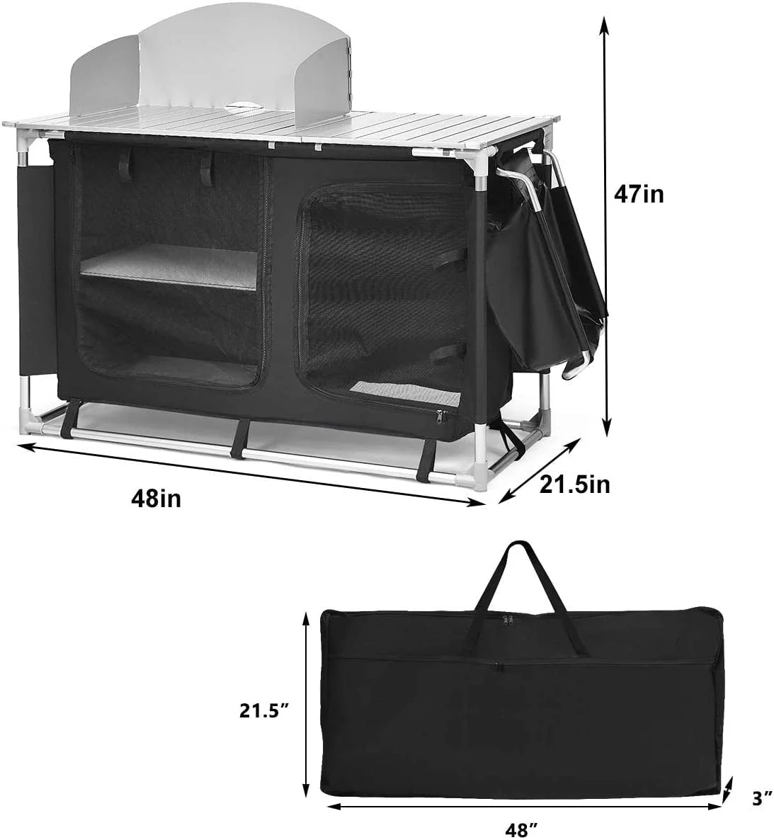 Camping Kitchen Table, Camping Grill Table w/Windscreen & Storage Organizer, Outdoor Kitchen Cook Station with Basin for BBQ, Party, Picnics, Backyards, BBQ Table