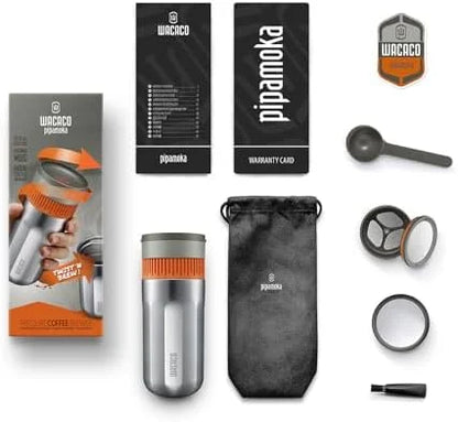 Pipamoka Portable Coffee Maker, Coffee brewer, All-in-one Vacuum Pressured，Insulated Travel Mug, Hand Powered and  Pressure Brewer, Stainless Steel Thermo Cup, 10 fl oz