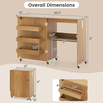 Costway Folding Sewing Table Rolling Craft Station with 3 Storage Bins & Charging Station White+natural