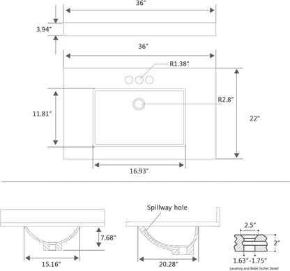 36x22 Engineered Stone Vanity Sink Top, White Bathroom Countertop with Undermount Left Sink, Vanity Top with 8 inch 3 Faucet Hole Spacing and Backsplash