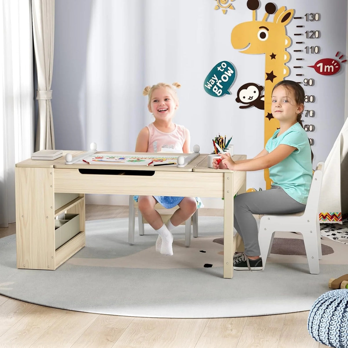 LAZY BUDDY Kids Art Table and 2 Chairs Set, 2 in 1 Easel & Toddler Craft Table and Chairs Set with Storage Bins, Paint Cups and Paper Roll, Activity Table Set for Children 3+