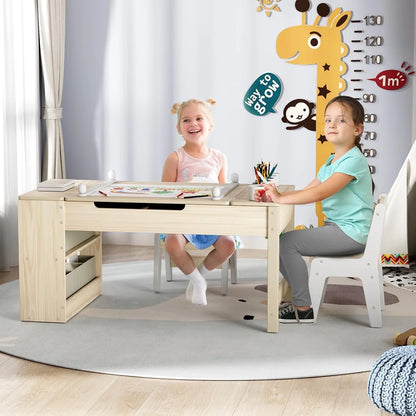 LAZY BUDDY Kids Art Table and 2 Chairs Set, 2 in 1 Easel & Toddler Craft Table and Chairs Set with Storage Bins, Paint Cups and Paper Roll, Activity Table Set for Children 3+