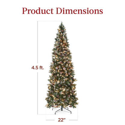 Best Choice Products 6ft Pre-Lit Partially Flocked Pencil Christmas Tree w/ 250 Lights, Pine Cones, Foldable Stand