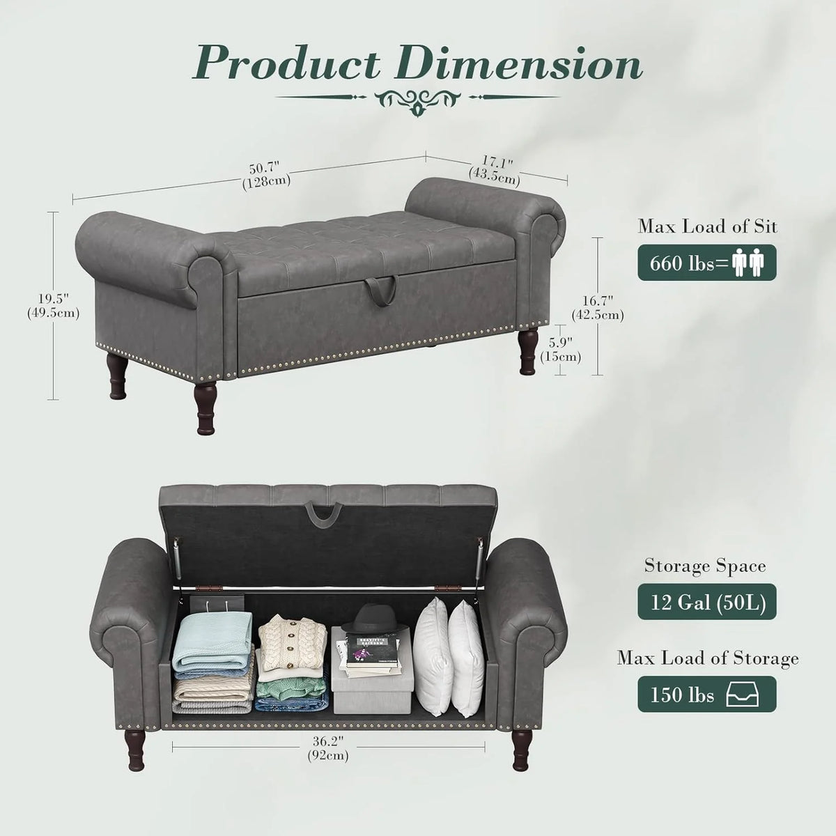 YOUDENOVA Storage Ottoman Bench for Bedroom 51" Queen Leather Storage Bench with Button, Upholstered Bedroom Bench with Rolled Arms for Living Room, Storage Room, Entryway, Gray